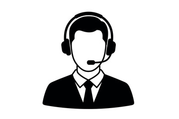Black silhouette of a man wearing a headset and suit on white background