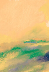 Impressionistic Landscape Sunset Over Grassland, Pasture, Field, Meadow w/Tall, Wild Grass in the Forefront-Digital Art, Painting, Illustration, Design w/Paint & Canvas Texture Yellow, Green, Purple