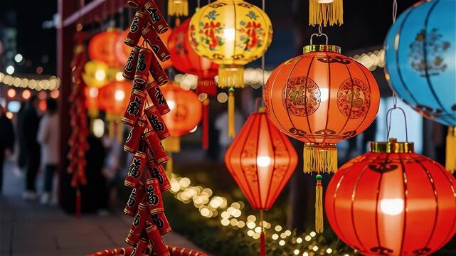 Lunar New Year red lanterns and firecrackers glowing against festive night background