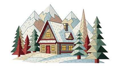 Snowy mountain cabin with pine trees isolated on a transparent background