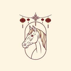 Elegant Horse Head Illustration with Chinese New Year Decorations. Lunar New Year Vector Illustration. EPS Editable