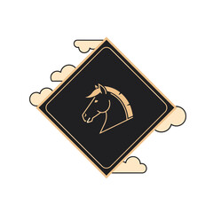 Elegant Horse Head Silhouette in Diamond Frame with Clouds. Lunar New Year Vector Illustration. EPS Editable