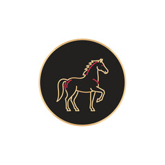Elegant Horse Outline in Neon Style on Black Circle Background. Lunar New Year Vector Illustration. EPS Editable