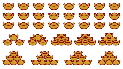 Golden Chinese Yuan Bao Ingots Stacked and Arranged for Wealth and Prosperity. Lunar New Year Vector Illustration. EPS Editable