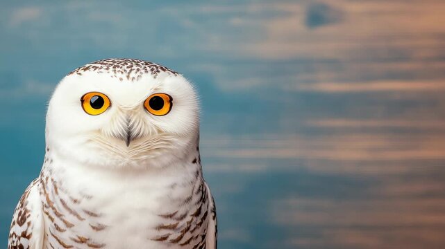 Snowy owl perched on a branch, showcasing bright yellow eyes against a wooden background