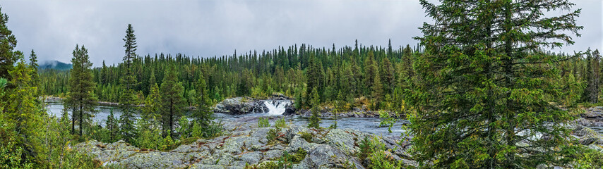 Lapland mountain river flowing through evergreen forest