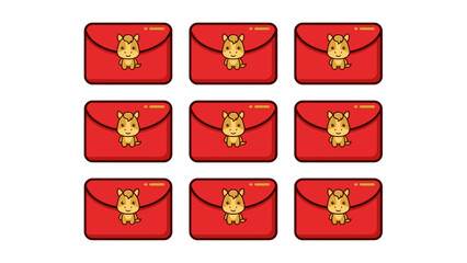 Nine Red Envelopes with Golden Tiger Clasp for Chinese New Year. Lunar New Year Vector Illustration. EPS Editable