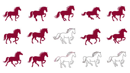 Set of running horses in various poses and styles. Lunar New Year Vector Illustration. EPS Editable