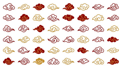 Set of Traditional Asian Cloud Designs in Various Colors and Styles. Lunar New Year Vector Illustration. EPS Editable