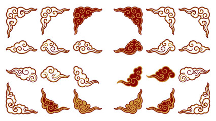 Set of Traditional Chinese Clouds and Corner Ornaments. Lunar New Year Vector Illustration. EPS Editable