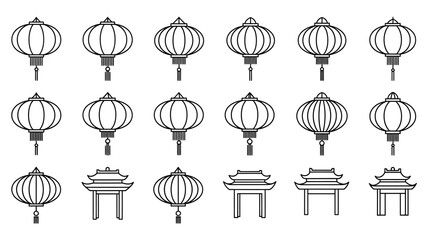 Set of Traditional Chinese Lanterns and Pagoda Gates Outline Icons. Lunar New Year Vector Illustration. EPS Editable