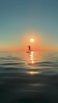 Young woman walking on stand up paddle sup boards by the sea during summer vacation. Beautiful girl flat water paddling against sea and sky background. Slow motion