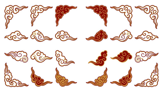 Set of Traditional Chinese Clouds and Corner Ornaments. Lunar New Year Vector Illustration. EPS Editable