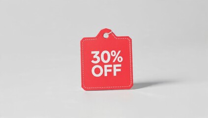 Red tag with 30% off promotion on white surface