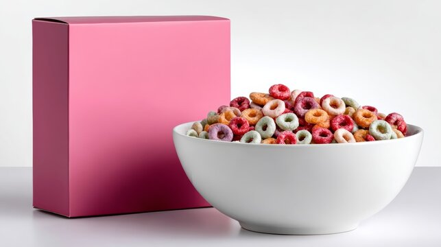Big pink cereal box in perspective alongside a white bowl filled with colorful fruit loops, set against a clean white background, perfect for breakfast or snack time mock up with copy space