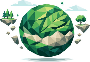 Eco-Friendly Polygon Planet. Low-poly vector illustration focused on a green planet representing ecology and renewal, polygonal