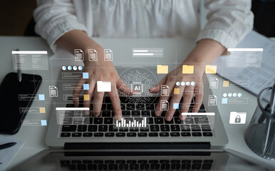 A person engages with a laptop in a modern workspace, surrounded by a digital interface showcasing icons related to artificial intelligence and data management. Gantry