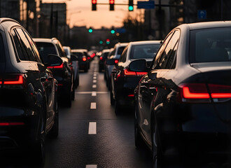 Cars stopped on a road with traffic lights in the background at sunset time