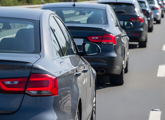 Cars parked on the side of a road in a queue  traffic congestion