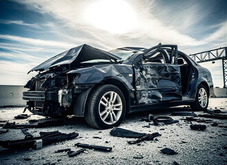 Damaged black car with crushed doors and hood on gravel lot with debris