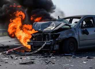 Damaged car on fire with flames and smoke on highway road accident scene