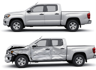 Silver pickup truck with damaged and undamaged side by side comparison