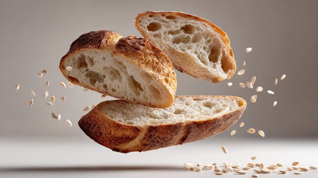 Surreal floating slices of sourdough bread against a soft white background, showcasing stunning composition and minimalism in beautiful food photography with captivating visual appeal