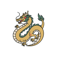 Naklejka premium Illust Page Featuring Golden Dragon with Green Accents and Red Eyes