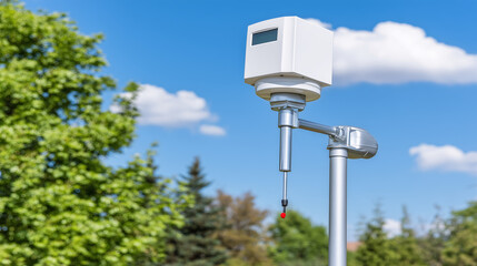 Meteorological sensor on a mast in a field with green trees and blue sky a field station for climate data collection.