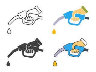 Set of hand holding fuel nozzle icons for gas station and service themes with outline, solid, and color
