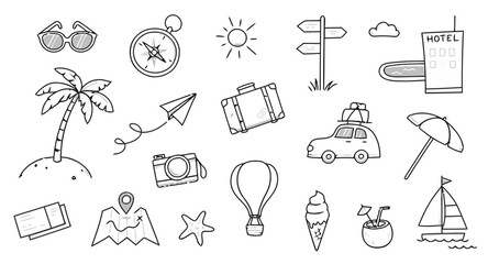 Set of Hand Drawn Travel Vacation Icons Isolated on White Background Sunglasses Compass Sun Palm Tree Suitcase Hot Air Balloon Camera Cocktail Summer Elements Collection