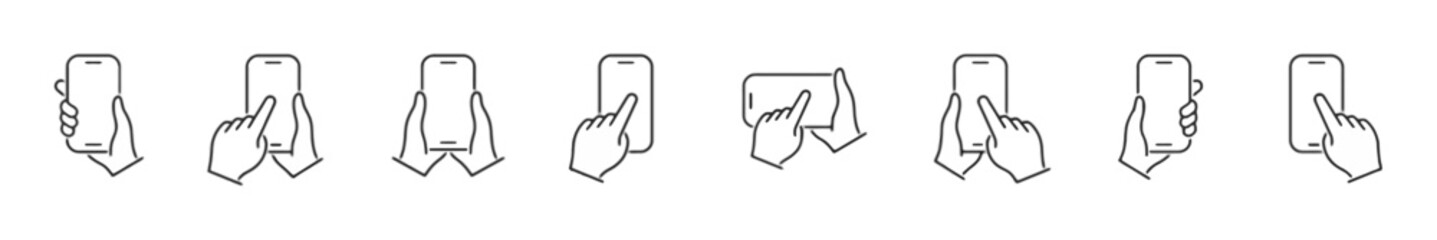 Set of hand holding smartphone icons illustrating various gestures and interactions with a mobile device, perfect for user interface and app design concepts