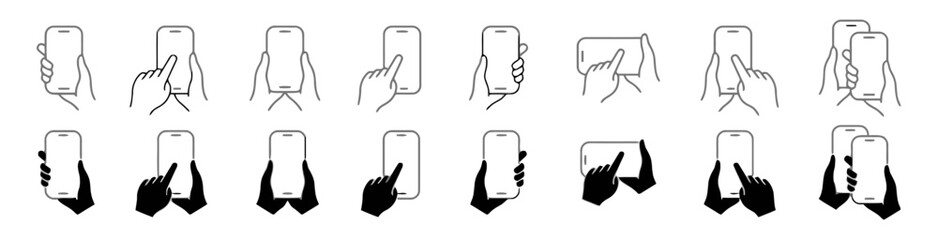 Set of Hand Holding Phone and Touch Screen Gestures Outline and Silhouette