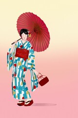japanese girl in kimono holding an umbrella geisha travel Hand drawn illustration