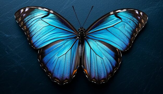 Blue morpho butterfly with iridescent electric blue and turquoise wings spread open