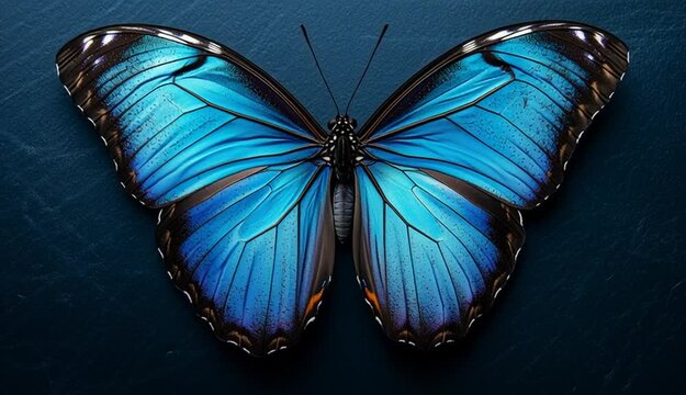Blue morpho butterfly with iridescent electric blue and turquoise wings spread open