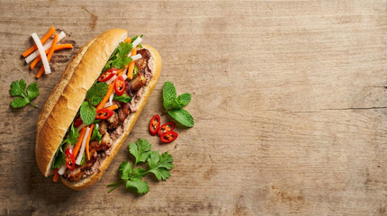Vietnamese Banh Mi Sandwich with Pork Pickled Vegetables and Herbs on Wood