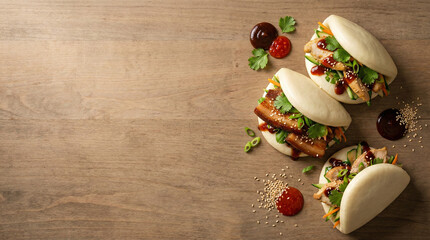 Three Steamed Bao Buns with Pork Belly Cucumber and Hoisin Sauce