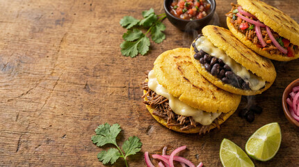 Traditional Venezuelan Arepas Stuffed with Beef Beans and Cheese on Rustic Wood
