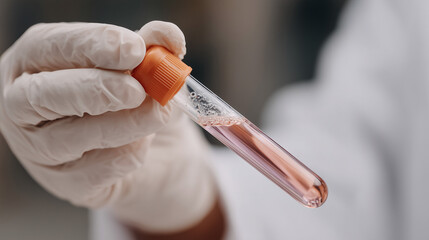 Gloved hand holding a tube with pink reagent clinical laboratory scene focusing on diagnostic procedure and precise sample handling