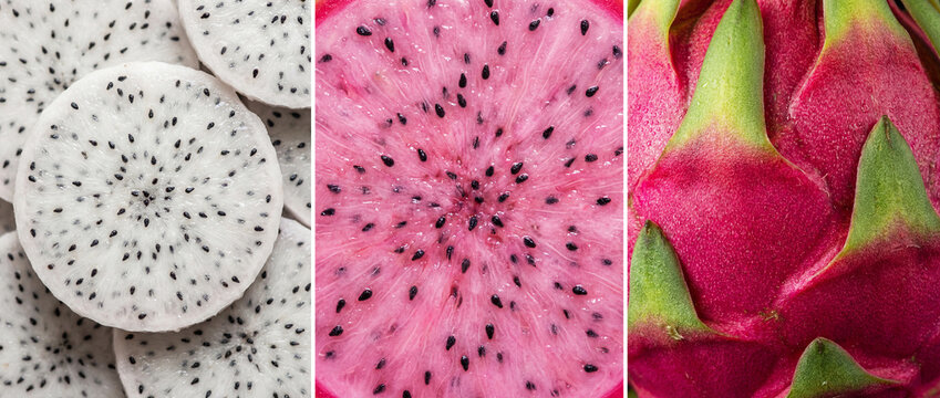 Image divided into three parts showing the peel and slices of dragon fruit, pitaya