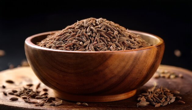 Whole Cumin Seeds Fill A Rustic Wooden Bowl Against A Simple Black Background