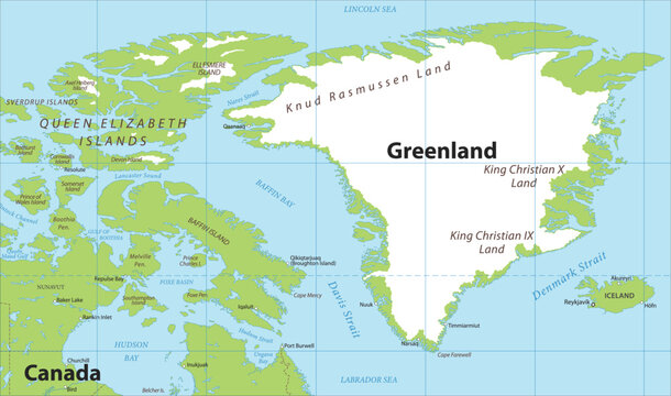 Vector political world map. Fragment of geographical 
atlas with greenland,
iceland, denmark strait, labrador sea, canada,
queen elizabeth islands, baffin and ellesmere island, 
hudson bay, reykjavik.