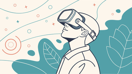 Gazing into the Metaverse: A person wearing a virtual reality headset with an adventurous look, exploring new digital dimensions, accompanied by a dynamic abstract design.