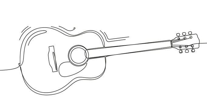 Continuous line drawing of an acoustic guitar with simple artistic design. No editable strokes