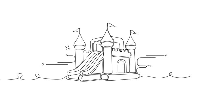 Line art of inflatable bouncy castle with tower and slide design. No editable strokes