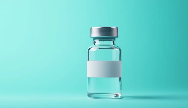 Medical glass vial with silver metallic cap and blank white label, standing on light turquoise surface