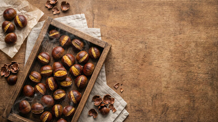 Roasted Chestnuts in Wooden Box on Rustic Background with Steam and Negative Space