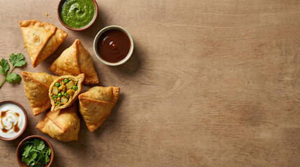 Fried Samosas with Chutney and Yogurt Dips on Wooden Table with Negative Space