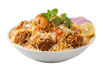 fragrant biryani rice with meat chunks in a white bowl, lemon and herbs